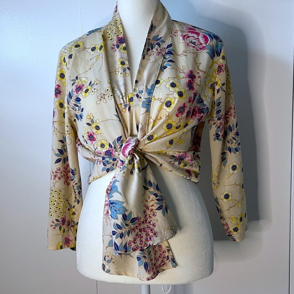 Yellow Floral wrap tie front top topper 3/4 sleeve Cropped kimono